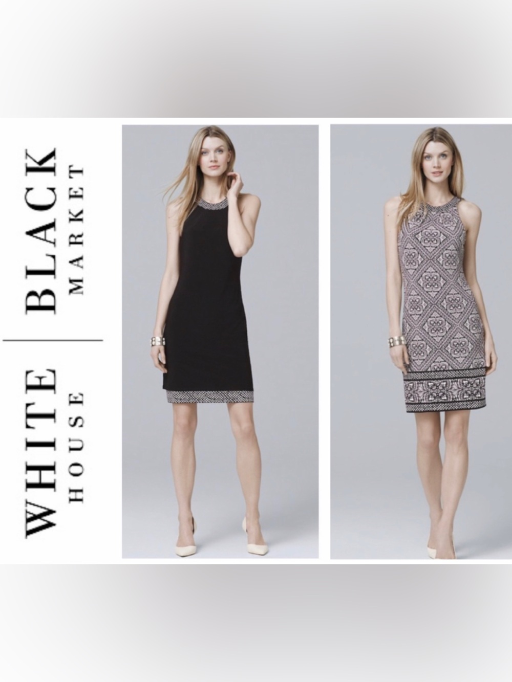 White House Black Market Black and White Beaded Neck Midi Dress